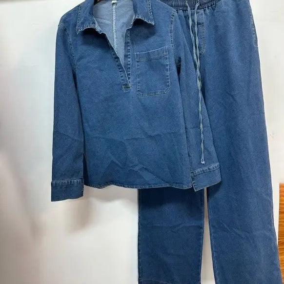 Fashion Women's Set Long Sleeve Washed Denim Tops Shirts + Wide Leg Pants Suit 2025 Spring Street Two 2 Piece Set Outfit
