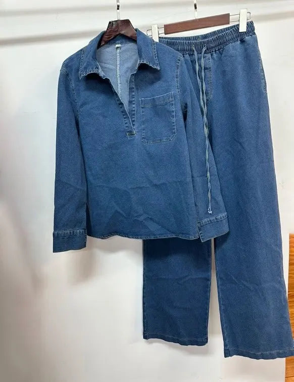 Fashion Women's Set Long Sleeve Washed Denim Tops Shirts + Wide Leg Pants Suit 2025 Spring Street Two 2 Piece Set Outfit