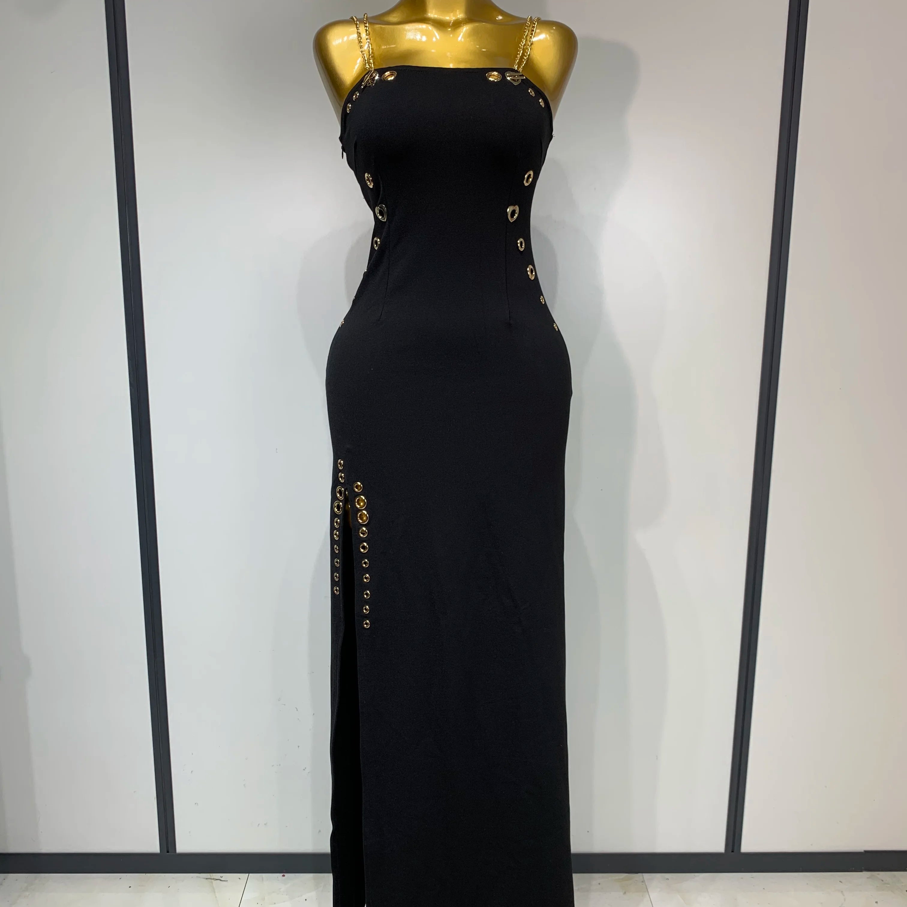 Women Sexy Sleeveless Square Colalr Chain Bodycon Maxi Long Dress Elegant Evening Party Fashion Celebrate Birthday Dress black