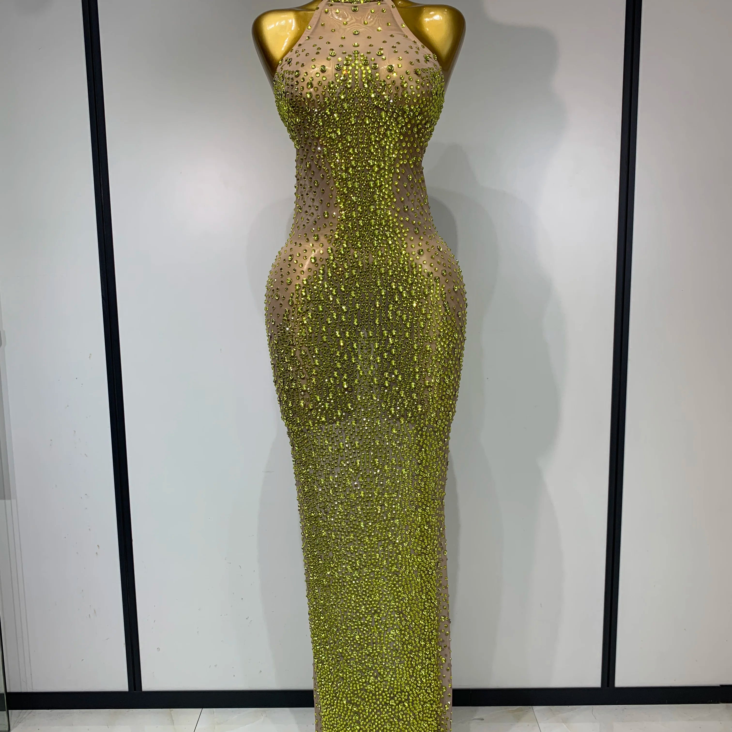 Sparkly Rhinestones Sleeveless Dress Sexy Mesh Transparent Celebrate Evening Wedding Prom Luxury Birthday Dresses Stage Outfit Gold