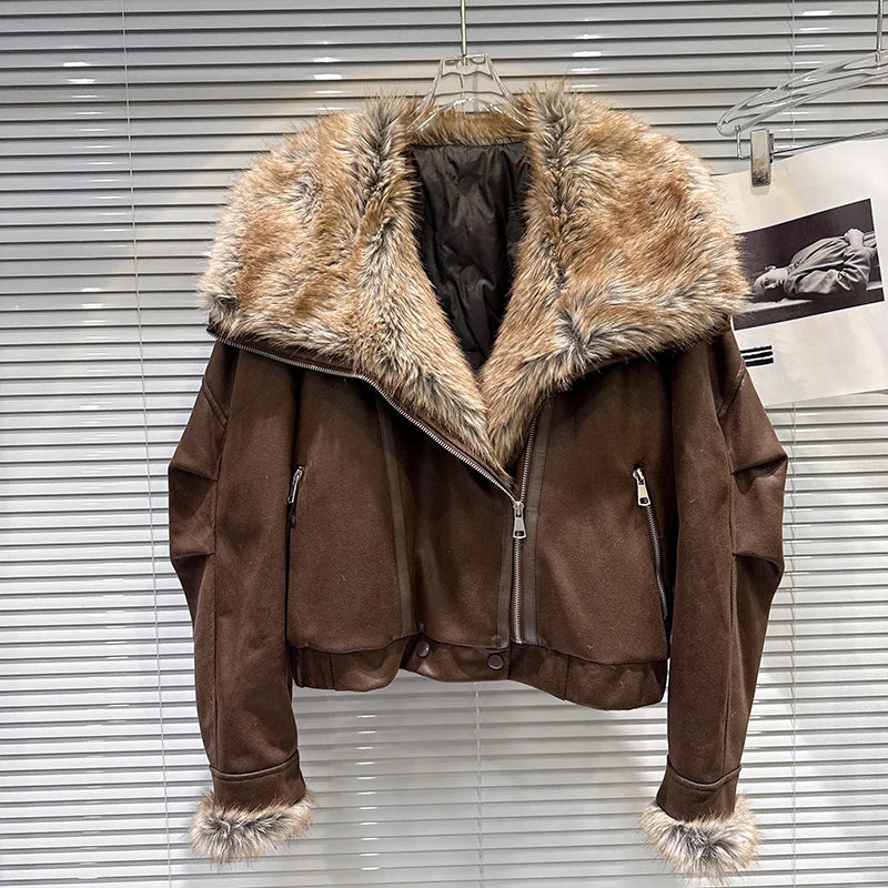 Winter New Fashion Big Fur Collar Suede Cotton Padded Coat For Women Warm Motorcycle Leather Jacket Female 11A07510 Brown