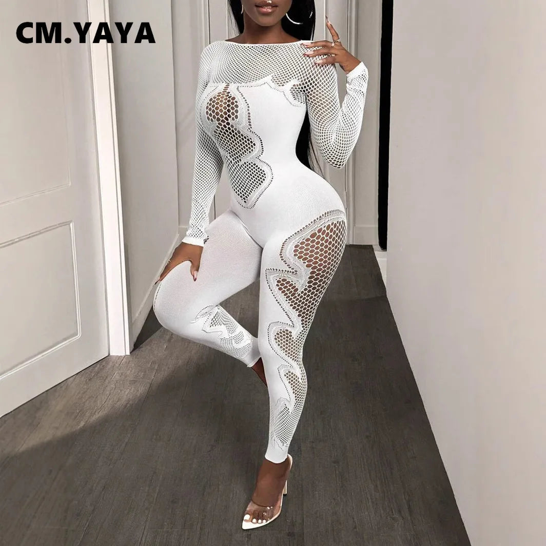 2025 O-neck Full Sleeve Women Mesh Hollow Out Jumpsuits Casual Night Club Sexystreet Sexy Perspective Outfits Rompers