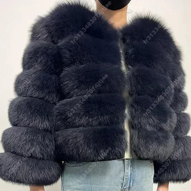 NEW Long Sleeve Faux Fur Coat 2025 Winter Women Fashion Thick Warm Fuzzy Coat Outerwear Female Gray/Black Fake Fur Jacket Navy Blue（ AE existing skus）