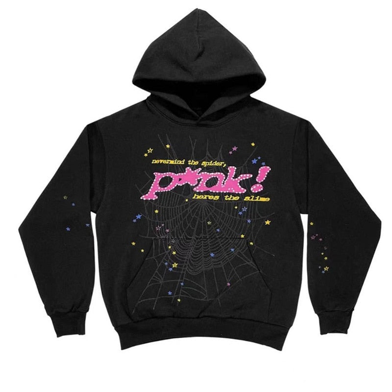 Y2k Printed Hoodie Sweatshirt for Women Spider Web Letter Gothic Streetwear Winter Baggy Hooded Polyester Autumn Punk Hoodies Black