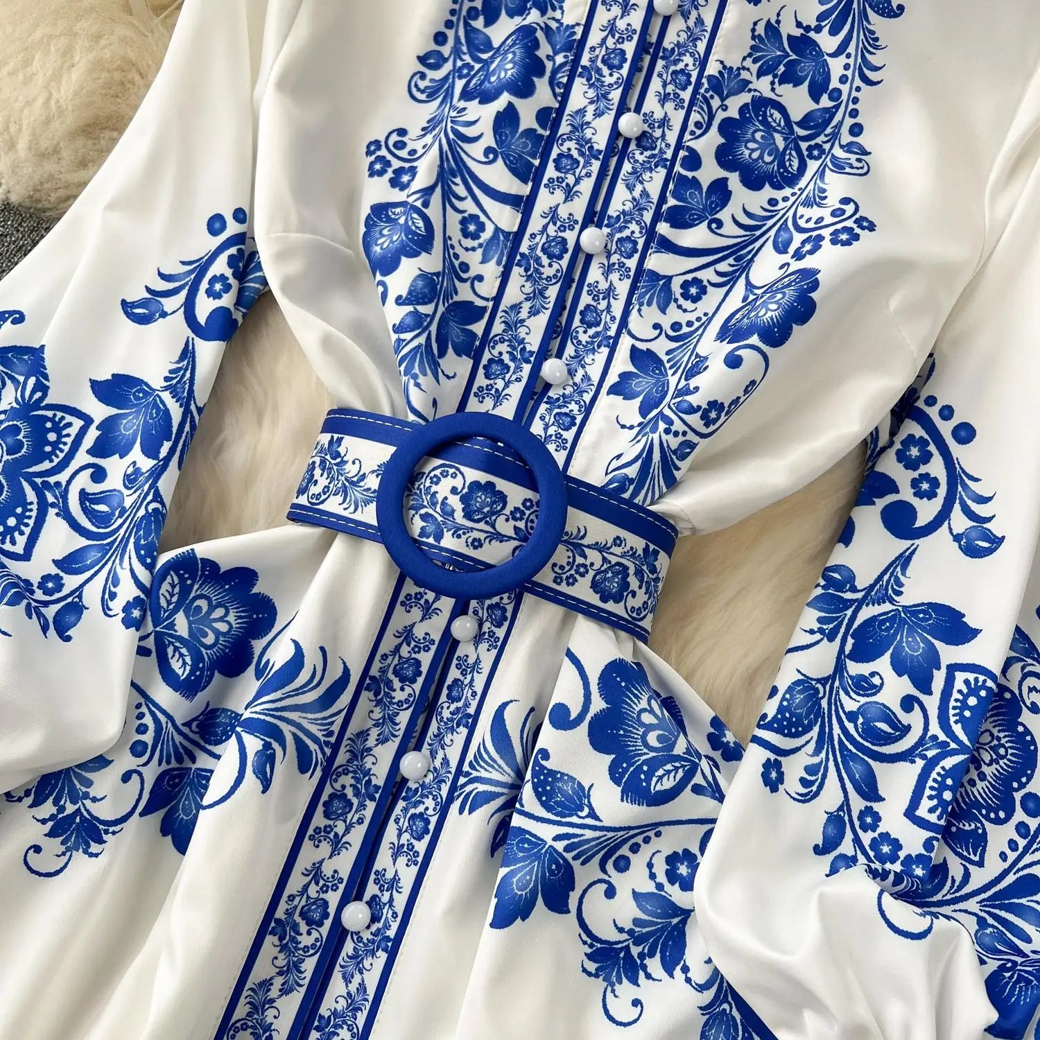 New Fashion Runway Red And White Porcelain Dress Women's Stand Long Lantern Sleeve Blue Floral Print Shirt Robe Vestidos 2377