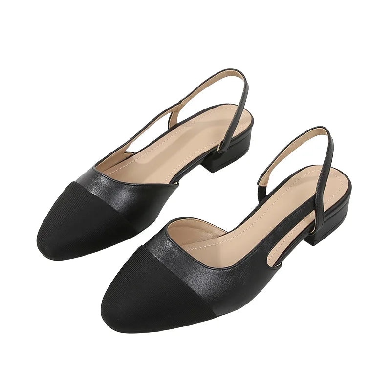 Patchwork Leather Slingbacks Women's Sandals Fashion Flat Heel Formal Ladies Shoes Sexy Party Sandals Dress Wedding Party Shoes black 2cm