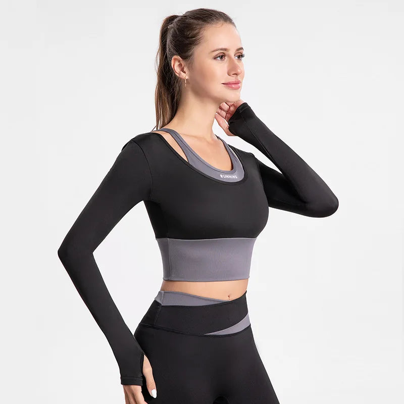 Autumn Winter High Waist Yoga Set Long Sleeve Fitness Vest with Pads Outfits Sportswear Women Sports Leggings Bra Gym Workout black