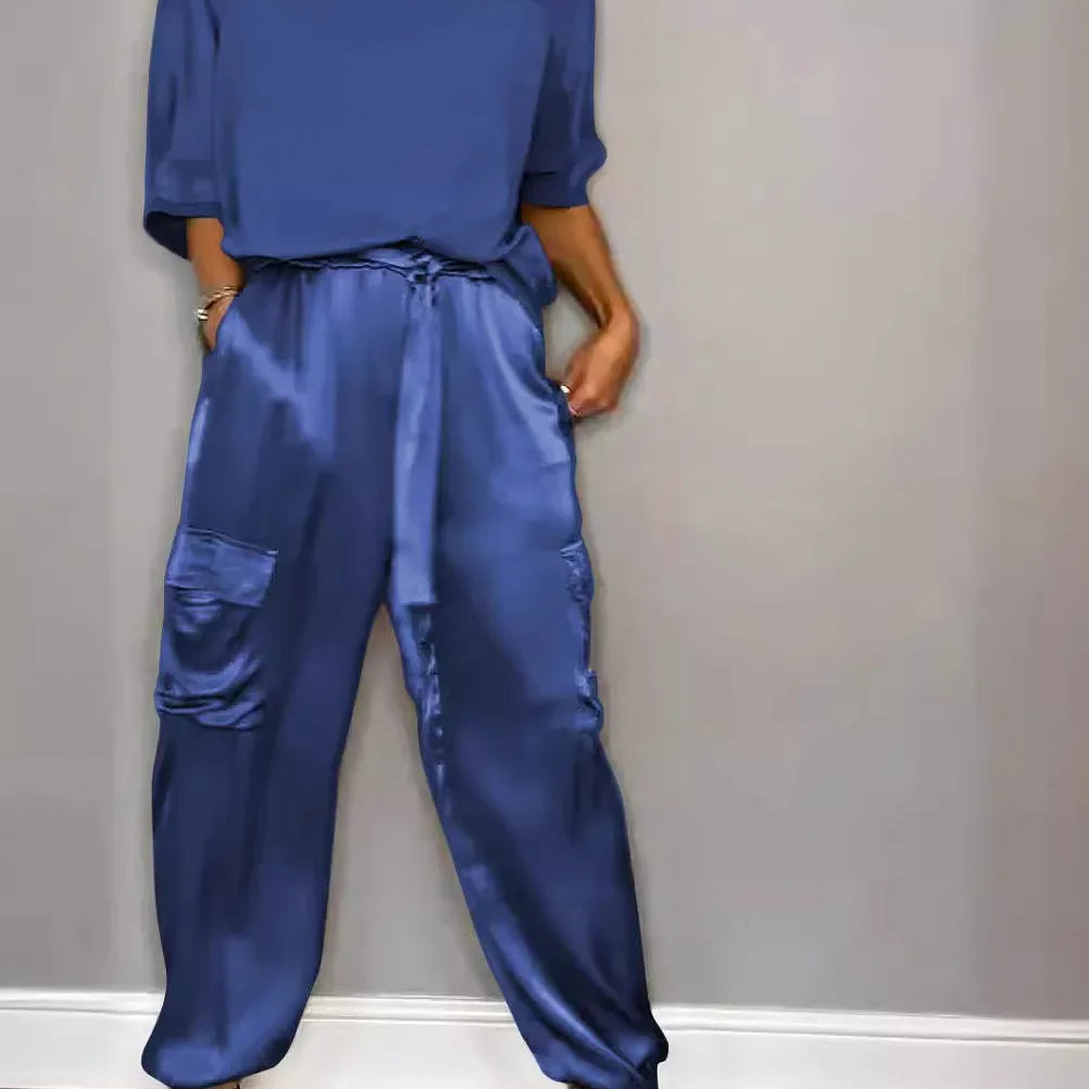 Summer Satin 2 Piece Set Women Casual Solid Color 2 Piece Outfit Half Sleeve Tops Loose Fit Pants Suit Two Piece Sets Blue