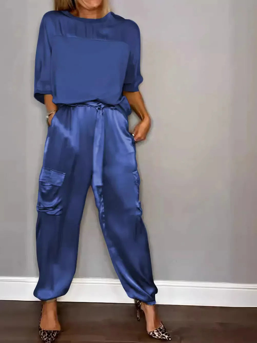 Summer Satin 2 Piece Set Women Casual Solid Color 2 Piece Outfit Half Sleeve Tops Loose Fit Pants Suit Two Piece Sets Blue