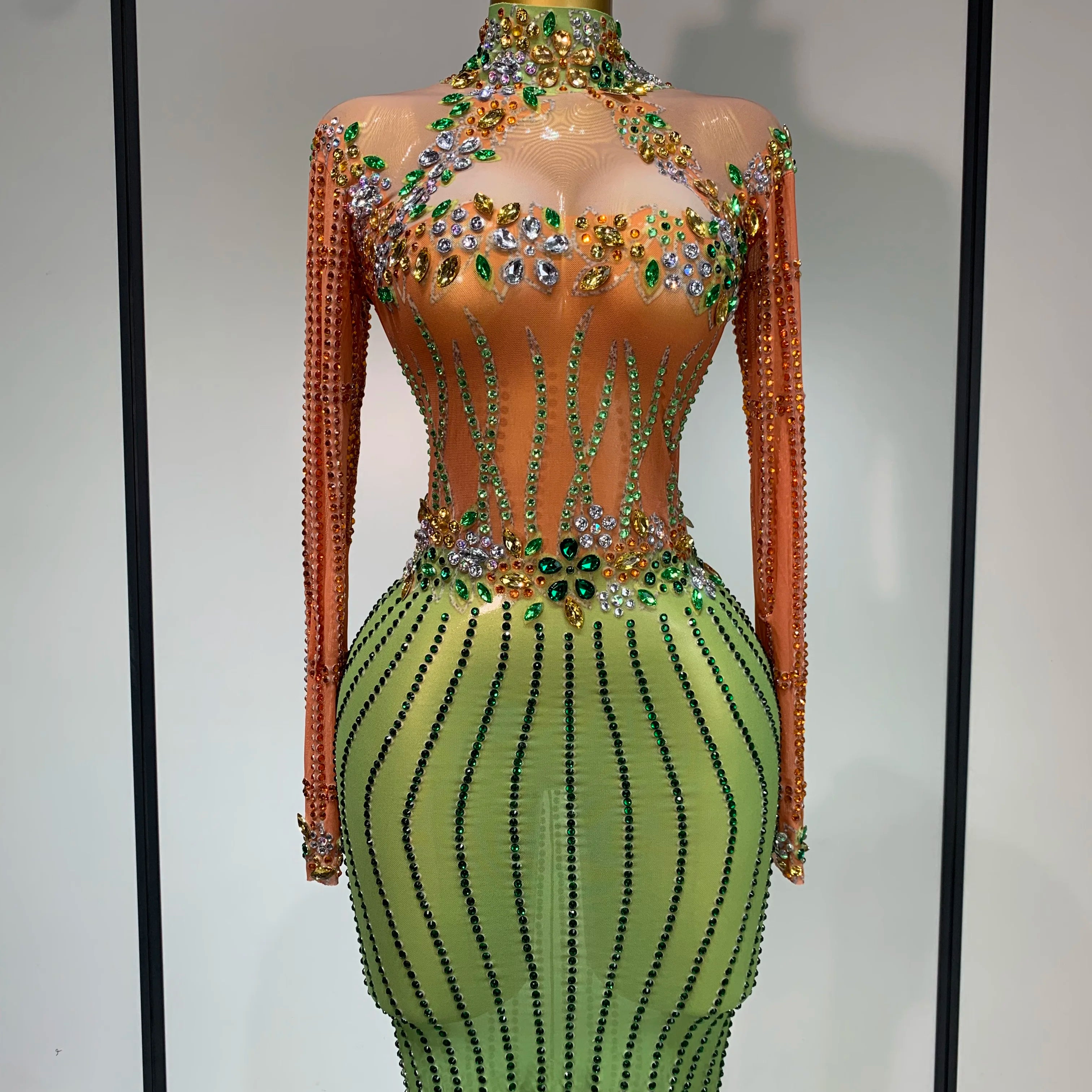 Luxury Birthday Dress Women Sparkly Diamond Short Dress Sexy Mesh See Through Celebrate Evening Party Singer Performance Costume Orange