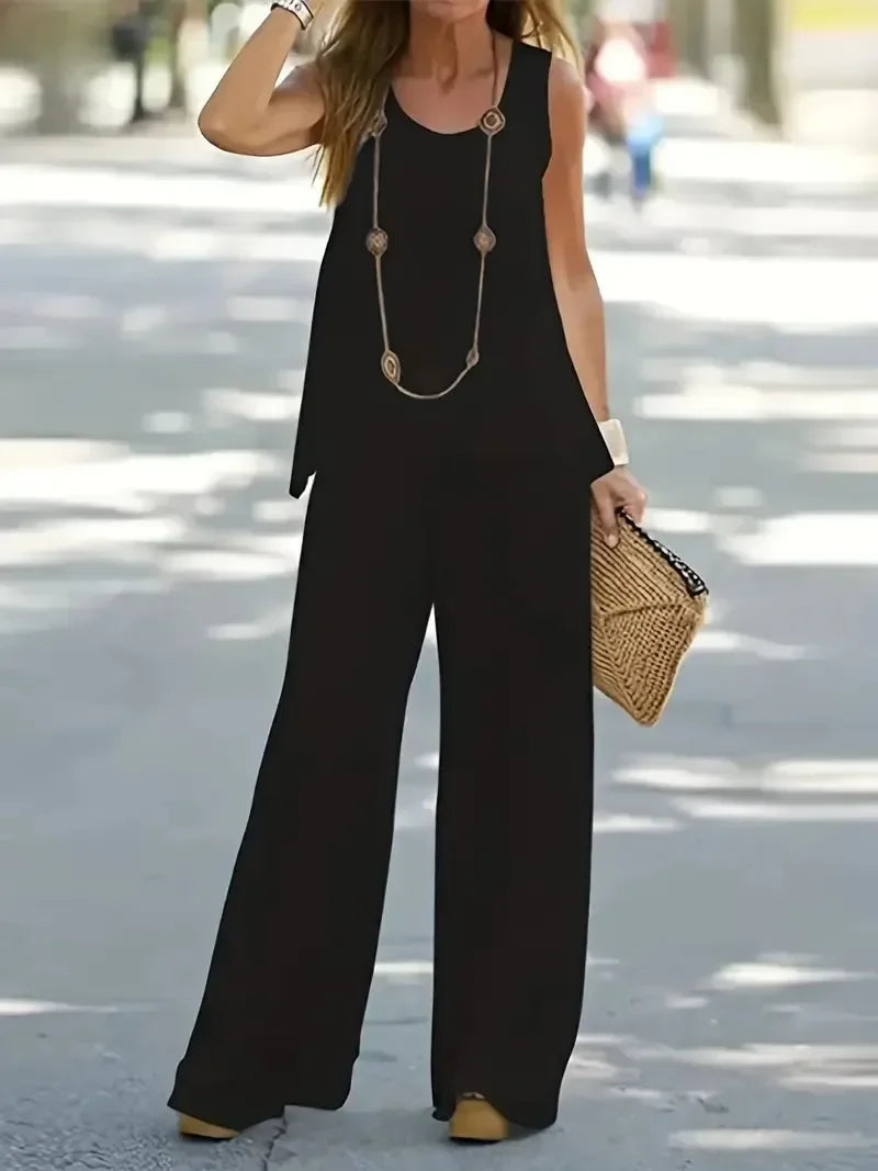 Plus Size 1XL-8XL Women's Casual Outfits Two Piece Set Solid Round Neck Tank Top Wide Leg Pants Outfits 2 Piece Set black