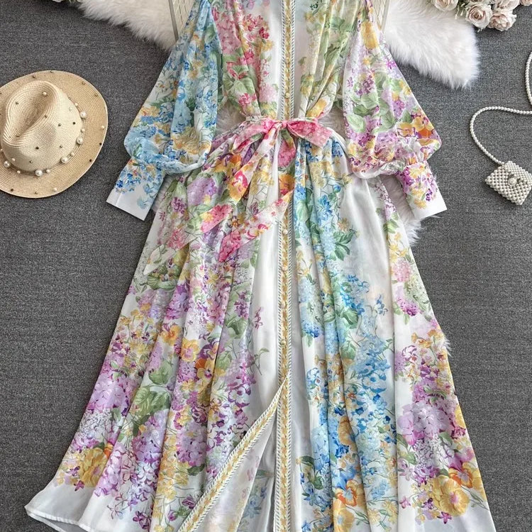 Fashion Bohemain Flower Maxi Dress Women's Stand Long Lantern Sleeve Single Breasted Floral Print Lace Up Loose Boho Robe as picture