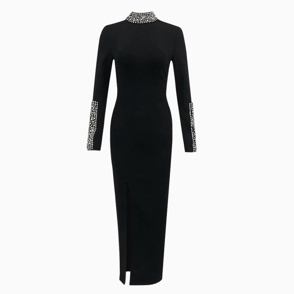 Black Long Sleeves Diamonds Turle Neck Dress Long Sleeves High Slit Celebrity Cocktail Party Bandage Long Dress Maxi Gowns black