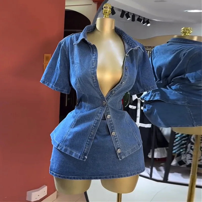 Vintage Denim Women's Set Half Sleeve Shirt Blouse and A-line Midi Mini Skirts Suit 2025 Summer Two 2 Piece Sets Outfits dark blue