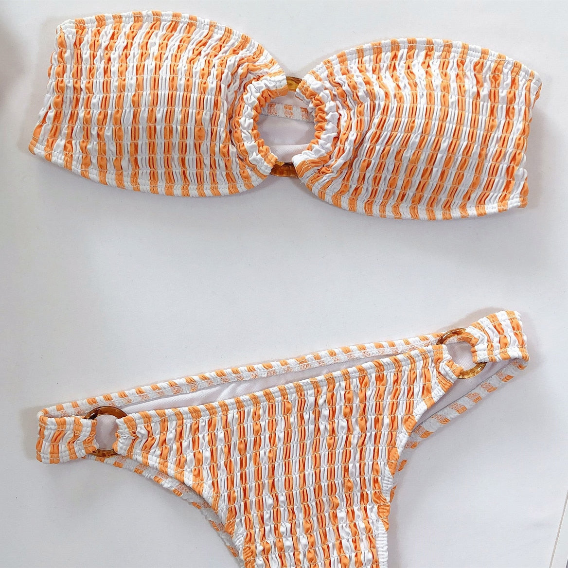 Sexy Bikini Bandeau Striped Pleated Swimwear - Swimsuit Bikinis Set Bathing Suit Beach Bikini Female Hoop Ring Decor Tankini