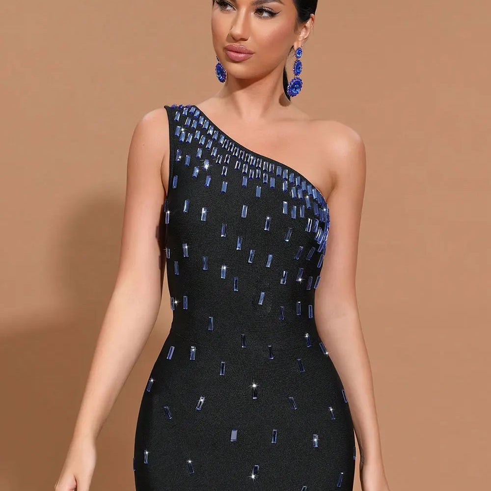 2024 Sexy Women Light Luxury Nail Bead Bandage Dress One Shoulder Slant Neck Sleeveless Bodycon Tail Dress Evening Party Vestido