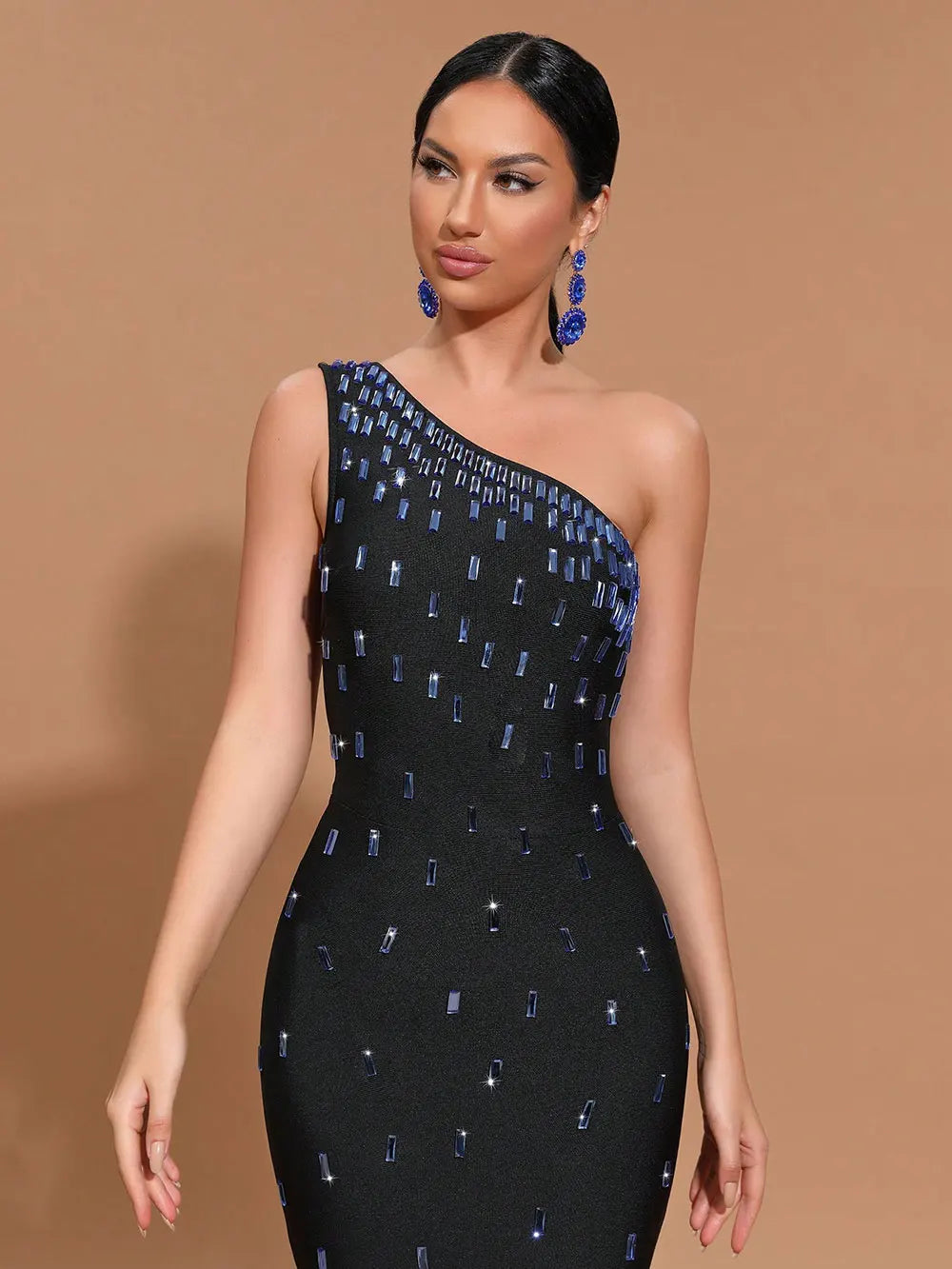 2024 Sexy Women Light Luxury Nail Bead Bandage Dress One Shoulder Slant Neck Sleeveless Bodycon Tail Dress Evening Party Vestido