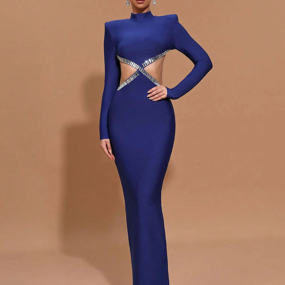 2025 Women'S Light Luxury Nail Bead Sexy Backless Bandage Dress Stand Collar Long Sleeved Bodycon Backless Long Dress Vestidos Blue