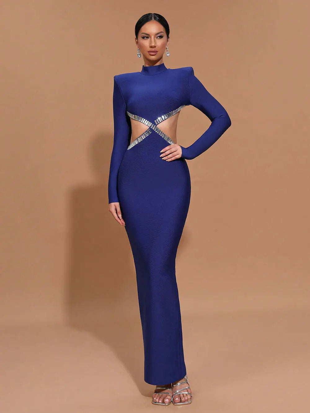 2025 Women'S Light Luxury Nail Bead Sexy Backless Bandage Dress Stand Collar Long Sleeved Bodycon Backless Long Dress Vestidos Blue