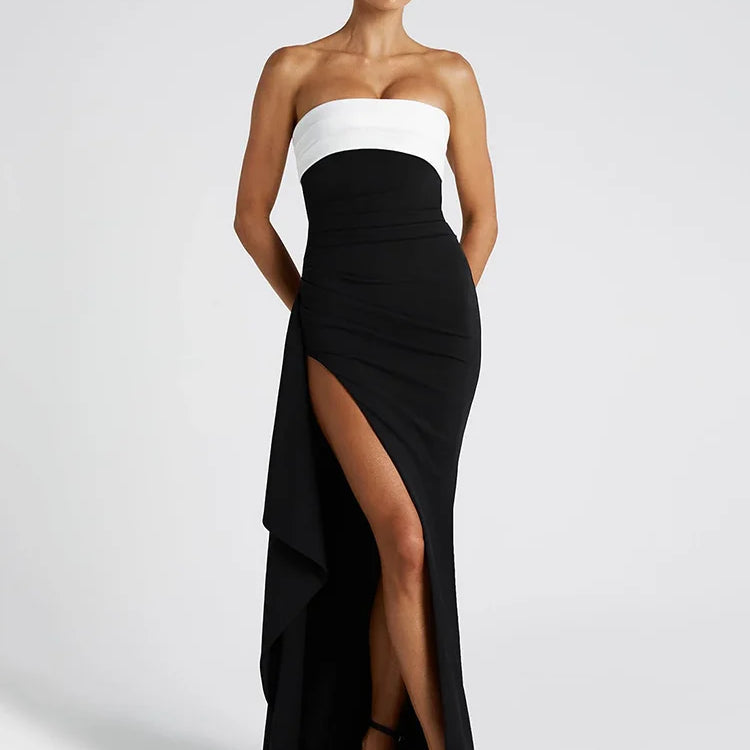 Off-shoulder Strapless Sexy Maxi Dress For Women Contrast Color Patchwork Sleeveless Backless Thigh High Split Dress Black