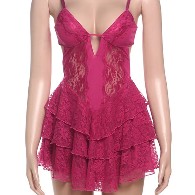 Mozision Lace Spaghetti Strap Sexy Mini Dress For Women Fashion Hollow Out Sleeveless Backless High Waist Ruffled Dress Elegant Red