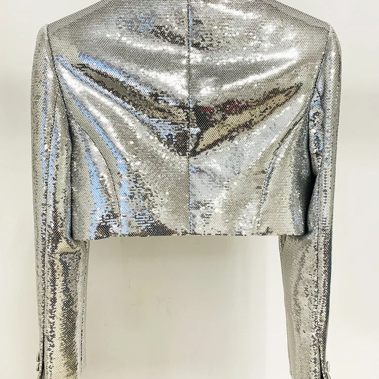 HIGH STREET Newest Stylish Designer Suit Set Women's Glitter Seqeuined Crop Short Jacket Skirt Suit 2pcs