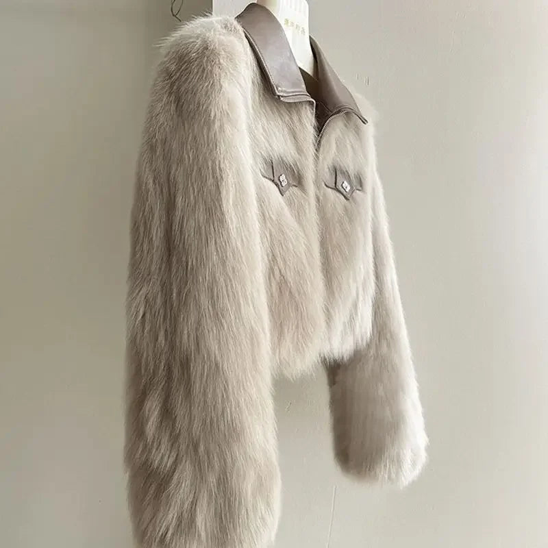 Spring and Autumn Korean Chic Polo Collar Loose Fur Coat Women Clothing Winter Coat Faux Fox Fur Plush Short Jackets Women Tops