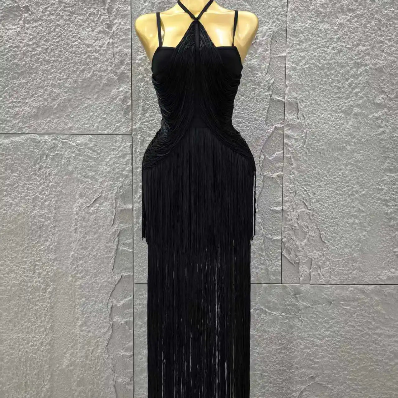 Black Color Women Sleeveless Sexy V-Neck Tassels Bodycon Long Bandage Dress Celebrate Evening Party Cocktail Outfit Vestido black
