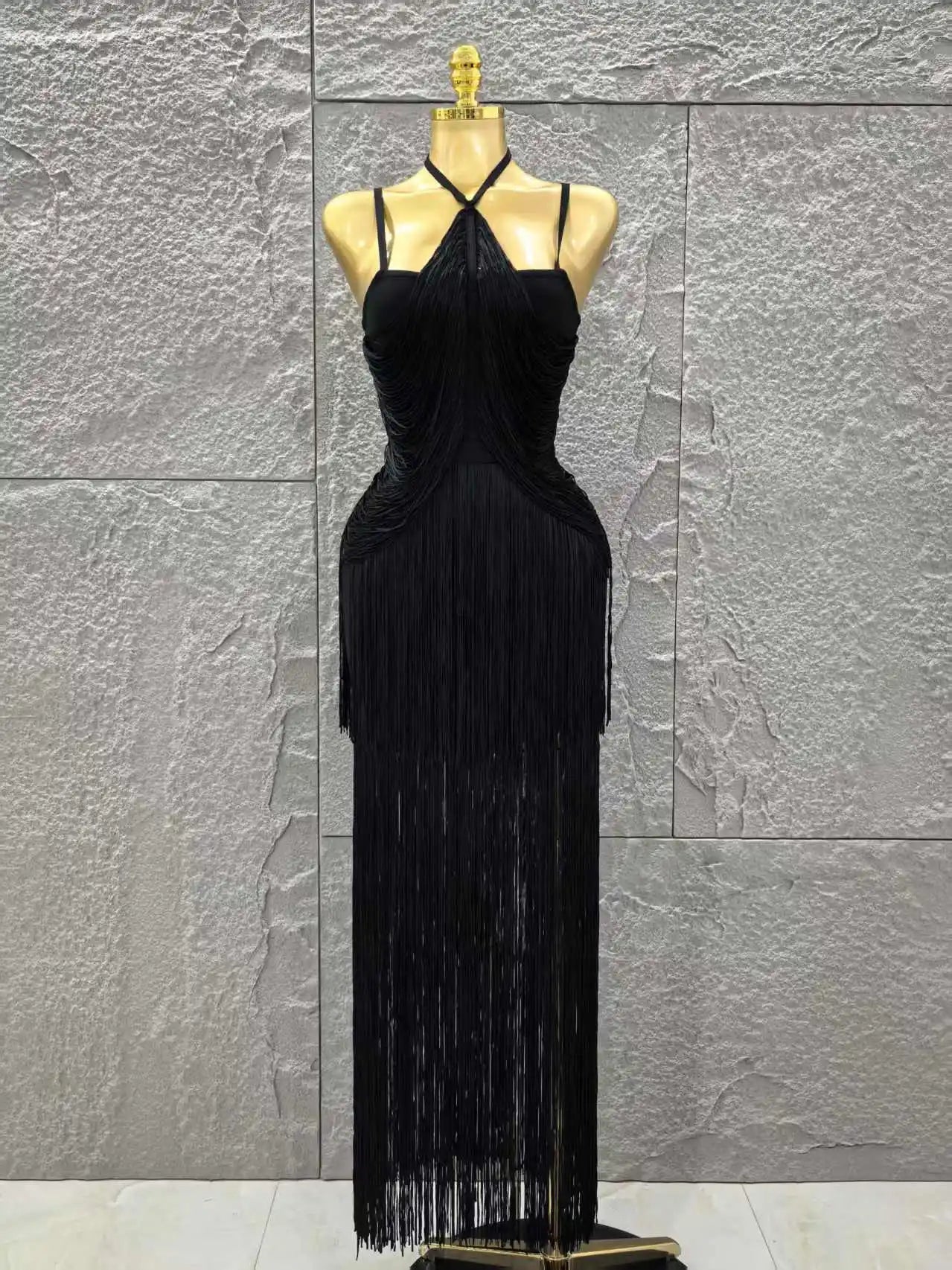 Black Color Women Sleeveless Sexy V-Neck Tassels Bodycon Long Bandage Dress Celebrate Evening Party Cocktail Outfit Vestido black