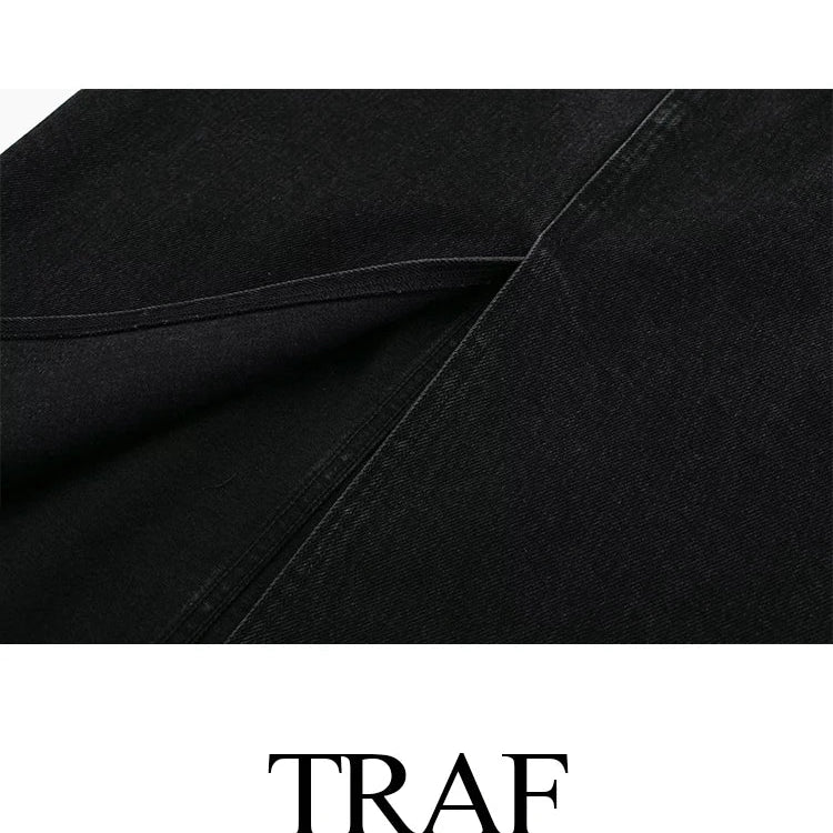 TRAF Fashion Midi Skirt Vintage Streetwear Skirts Women's High Waist Black Denim Skirt Woman Slit Jean Long Skirts For Women