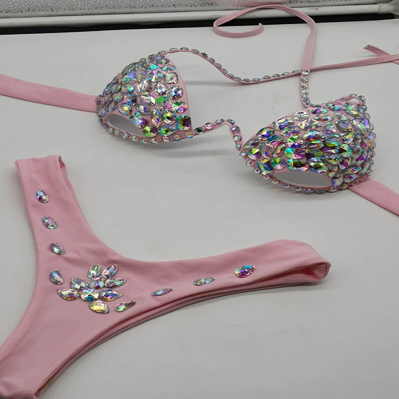 Push Up Rhinestone Bikini Luxury Crystal Diamond Women Swimwear Hollow Out Swimwsuit Manual Customized Bathing Suit Pink