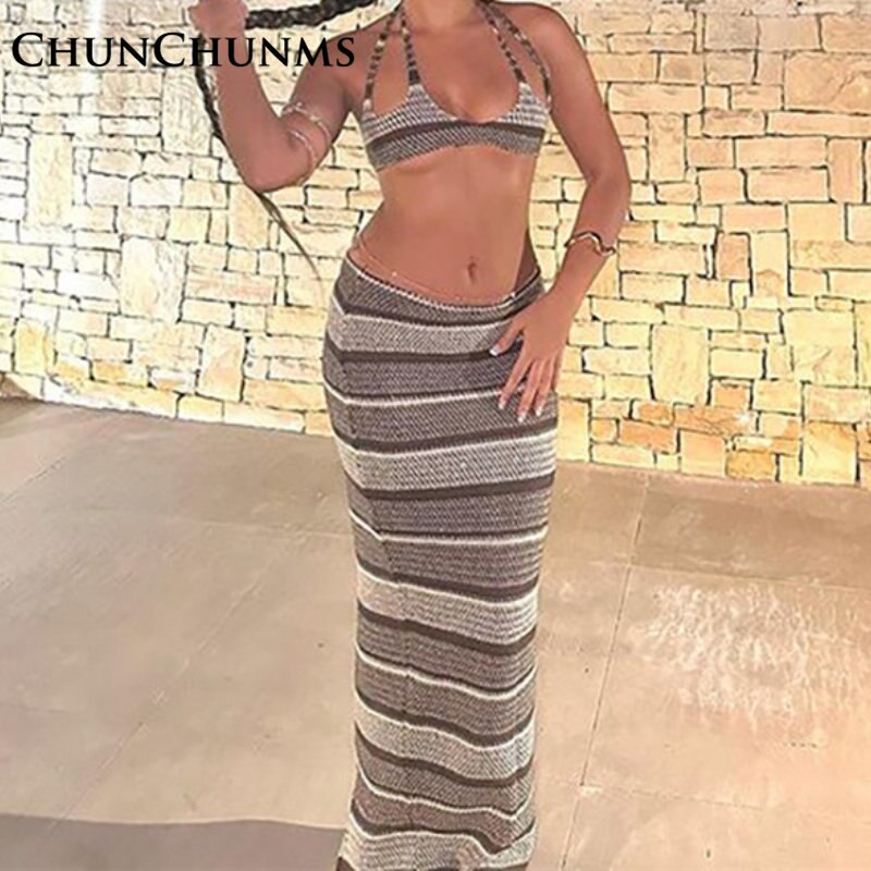 Sexy Low Cut Backless Bra Lace Up Top High Waist Long Skirt Suit 2 Piece Set Women Outfit Vintage Striped Vacation Beach 2024