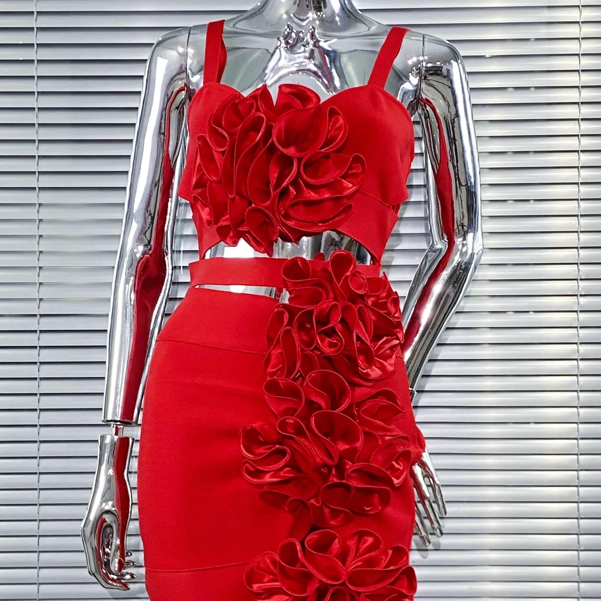 New Summer Stereoscopic Flowers Sexy Hollow Out Spaghetti Red Bandage Mini Dress Sweet Woman Party Dress Birthday Party Vestido