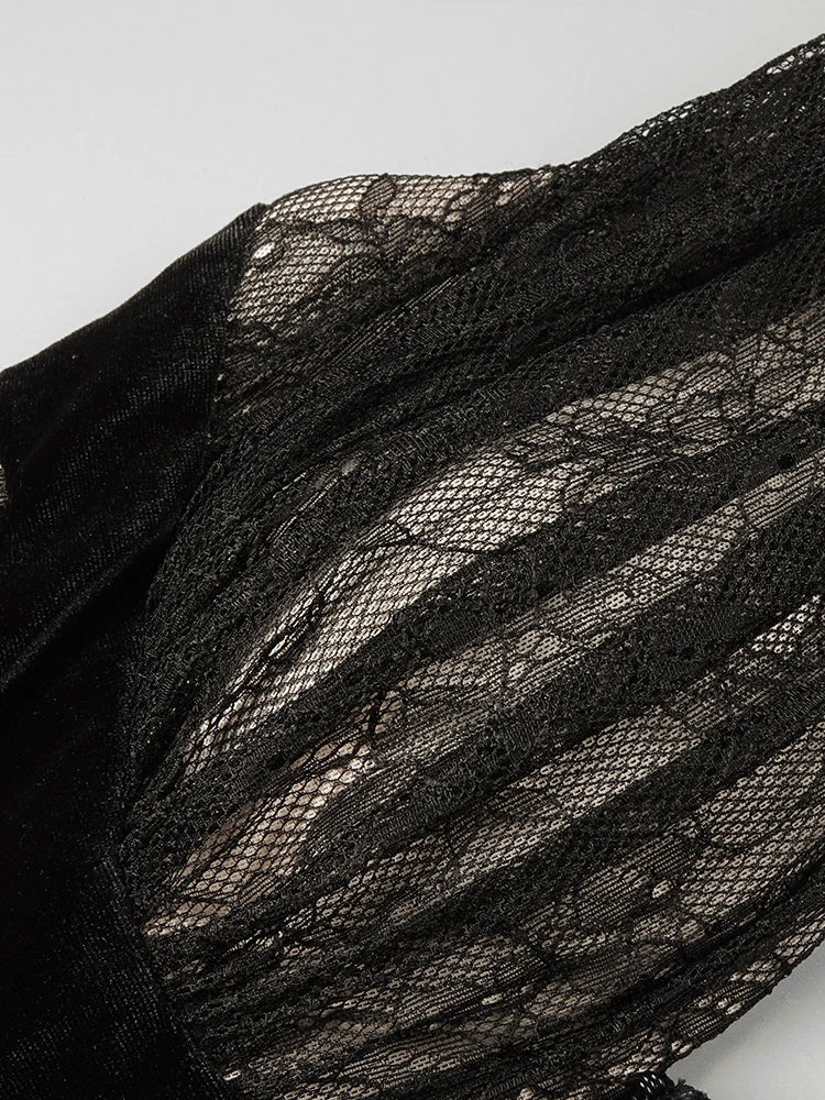 Black Mesh Patchwork Halter Long Dress For Women Long Sleeves Lace Embroidery Mermaid Bodycon Party Evening Gown