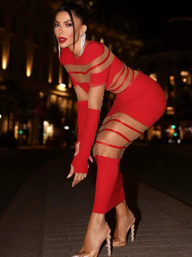 Autumn Sexy Long Sleeve Black Red White Ankle Length Mesh Women Celebrity Dress 2024 Elegant Party Evening Club Vestido