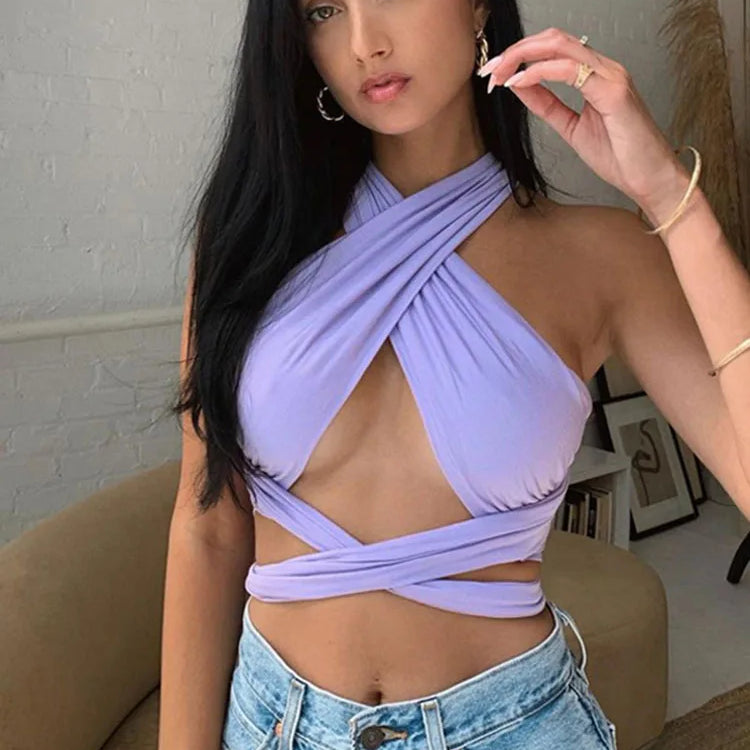 Women Strappy Cross Over Front Cut Out Halter Neck Sleeveless Backless Wrap Crop Top Bandage Vest Summer Sexy Tops Woman Clothes