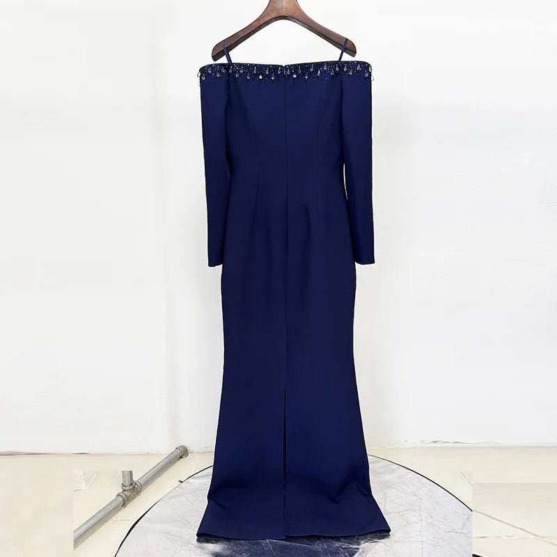 Solid Slimming Spliced Bead Luxurious Elegant Dresses for Women Slash Neck Long Sleeves Temperament Dress Female