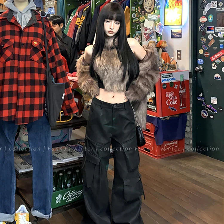 Spring Autumn Cool Handsome Baggy Black Pu Leather Straight Cargo Pants for Women Many Pockets Luxury Designer Clothes