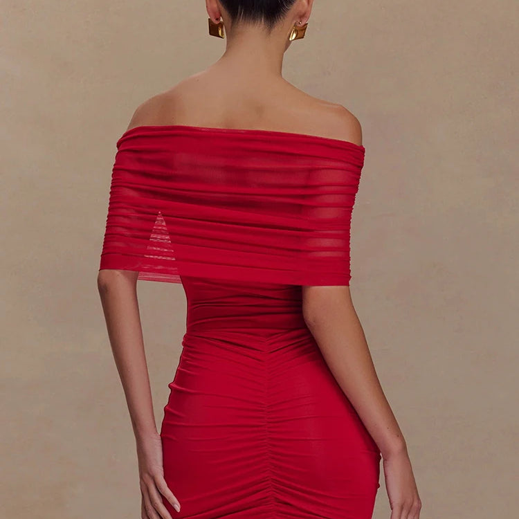 Charming Red Off-Shoulder Dress with Ruched Details for Elegant Dinner Party Evening Gown