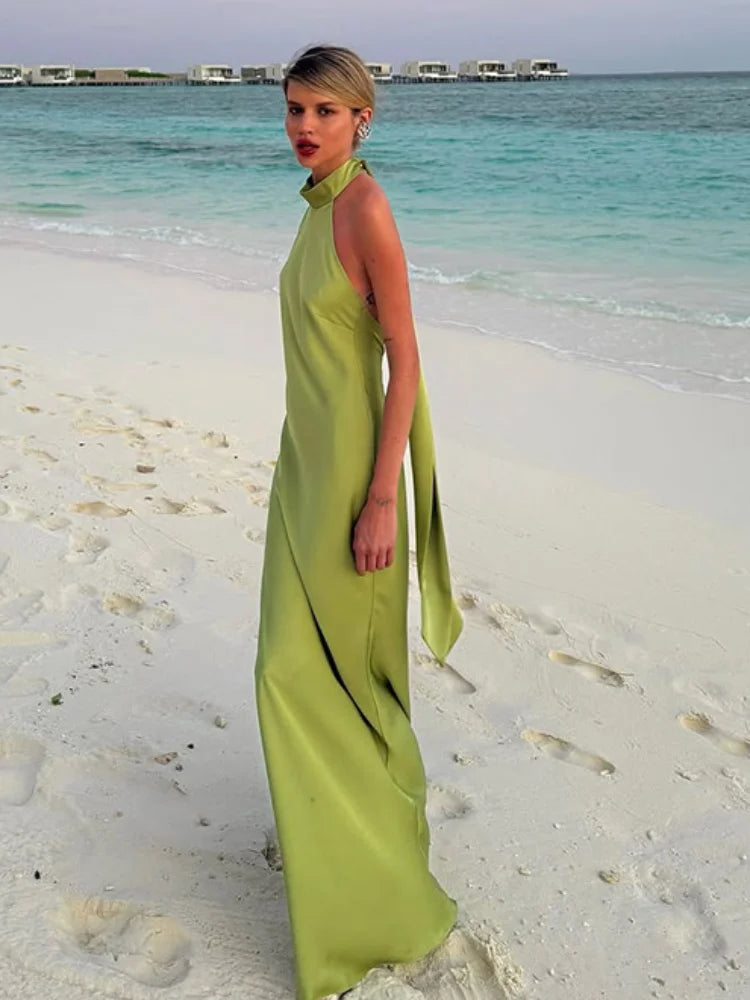 Elegant Green Satin Sleeveless Maxi Dress Chic Stand Neck Lace Up Backless Dresses New Female Summer Vacation Beach Vestido 2025