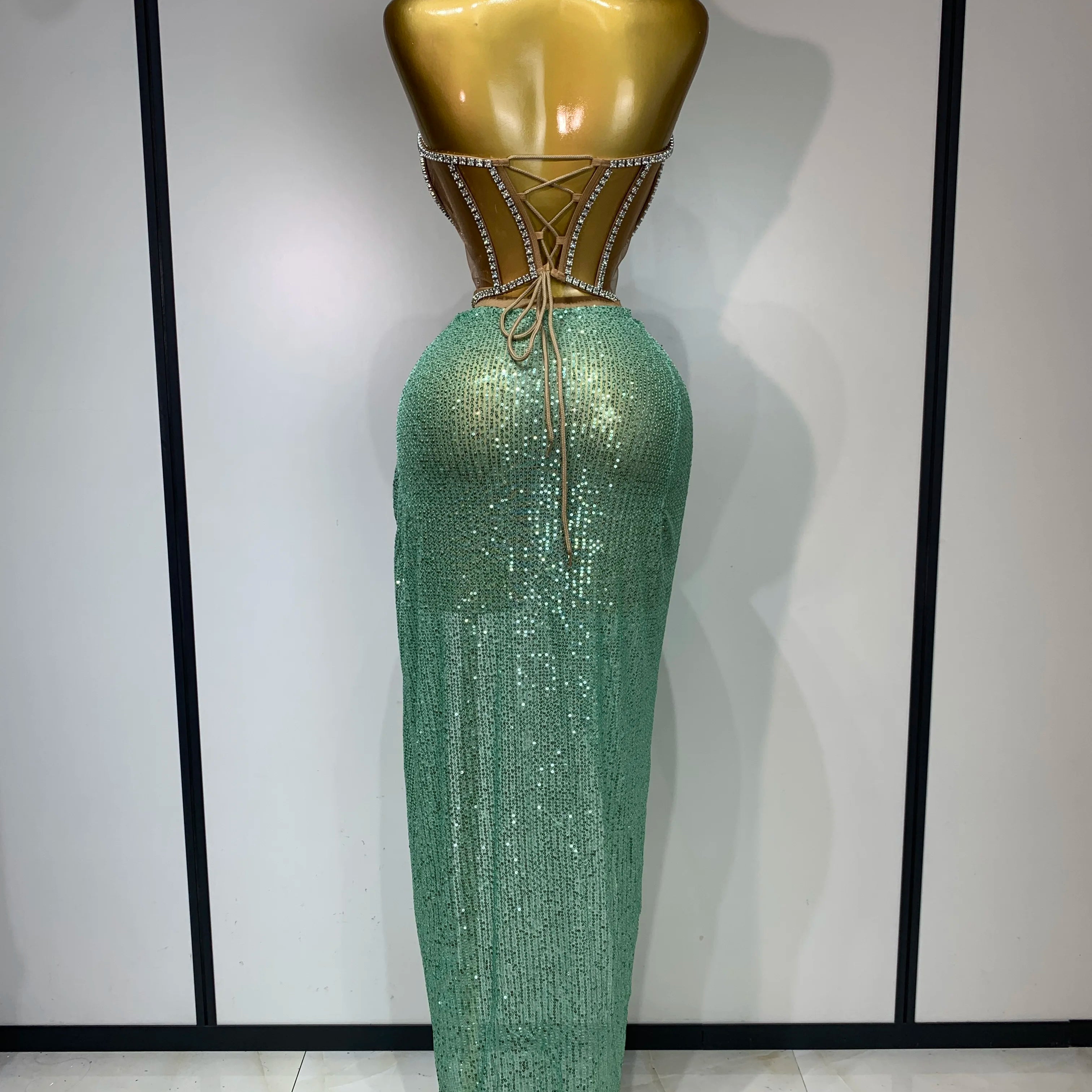 Women Sexy Nightclub Skirt Sets Strapless Diamonds Sequines Two Piece Sets Gogo Performance Outfit Evening Party Birthday Dress