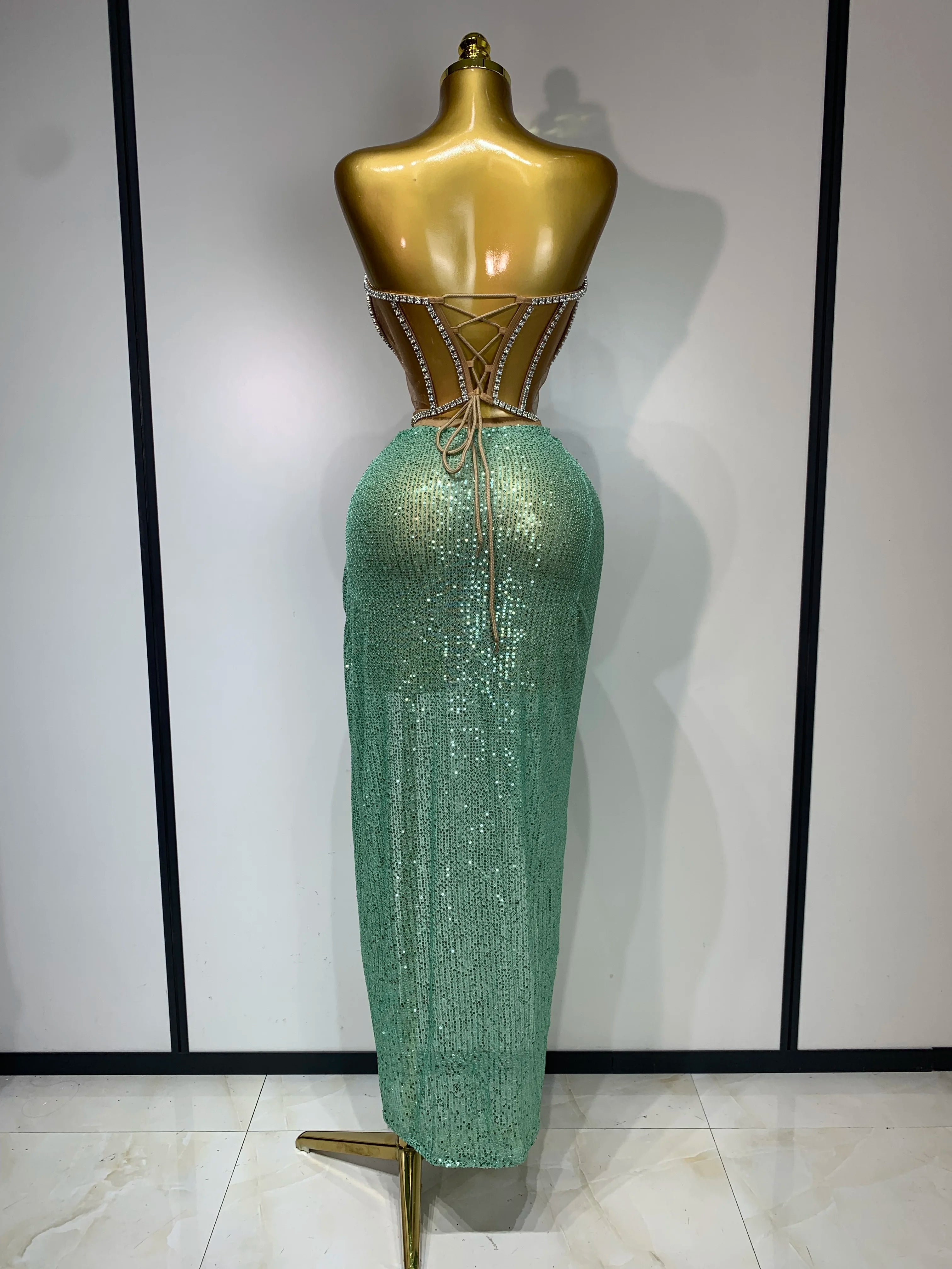 Women Sexy Nightclub Skirt Sets Strapless Diamonds Sequines Two Piece Sets Gogo Performance Outfit Evening Party Birthday Dress