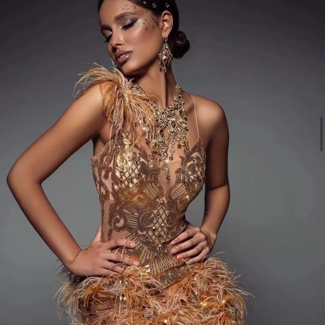 Gold Feathers Sleeveless Bodycon Dress Elegant Evening Party Dress Vestidos