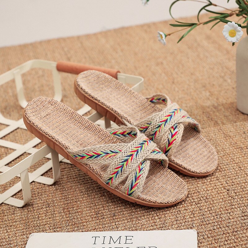 Summer Natural Flax Slippers 2022 Women Sandals Comfortable Non-slip Ladies Home Cross-tied Casual Indoor Shoes Multicolor