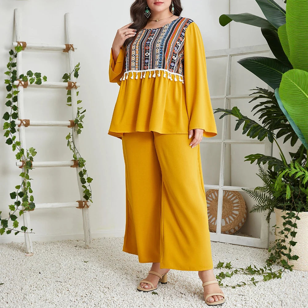 Plus Size Rafiah Women's Summer Sets Graphic Print Tassel Long Flare Sleeve Round-Neck T-Shirt Wide Leg Pant Casual Sets
