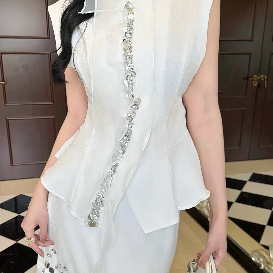Solid Two Piece Sets for Women Round Neck Sleeveless Patchwork Sequin Vest High Waist Sheer Skirt Set Female New WHITE
