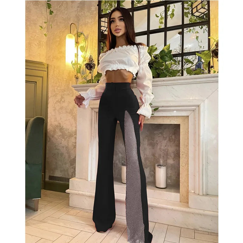 Top Quality Celebrity Black White Red Rayon Bandage Flare Pants Fashion Diamond Keyholes Bodycon Full Length Pants black