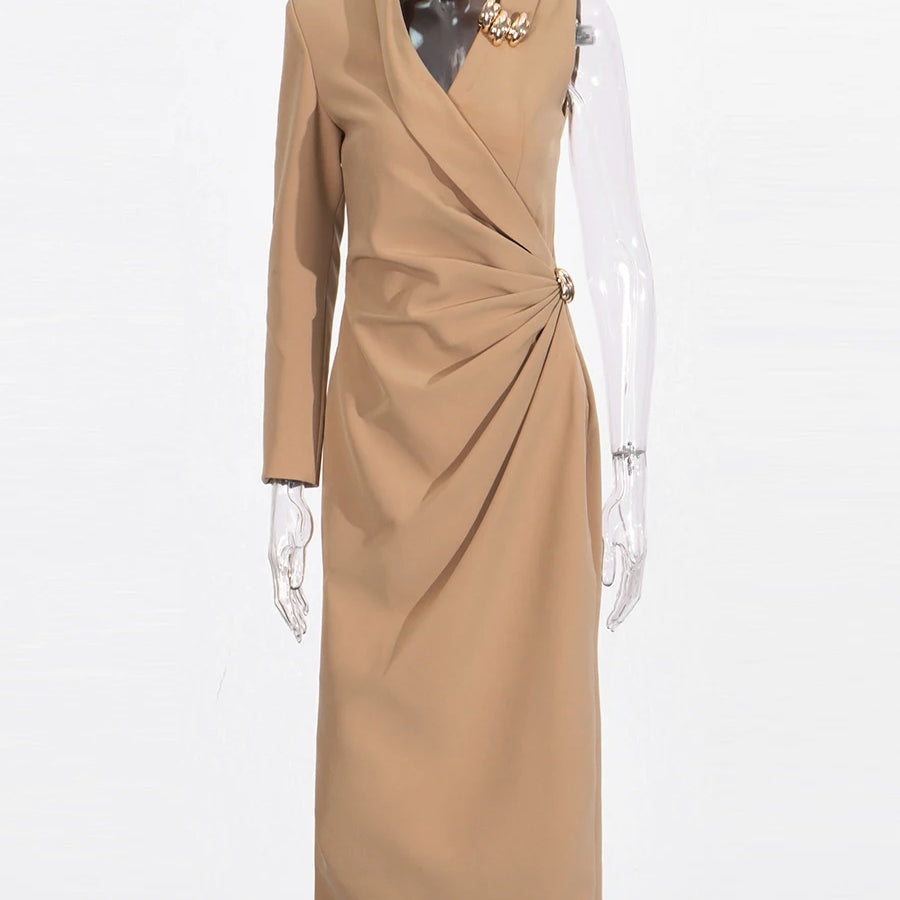 Solid Slimming Spliced Folds Irregular Dresses for Women V Neck Long Sleeves Temperament Dress Female Fashion New KHAKI