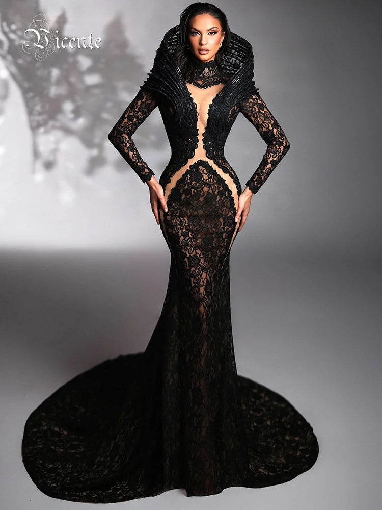 Lace Accent Maxi Dress High Neckline Cut-out Tulle Fabric Long Sleeves Floor Length Cocktail Party Evening Gowns