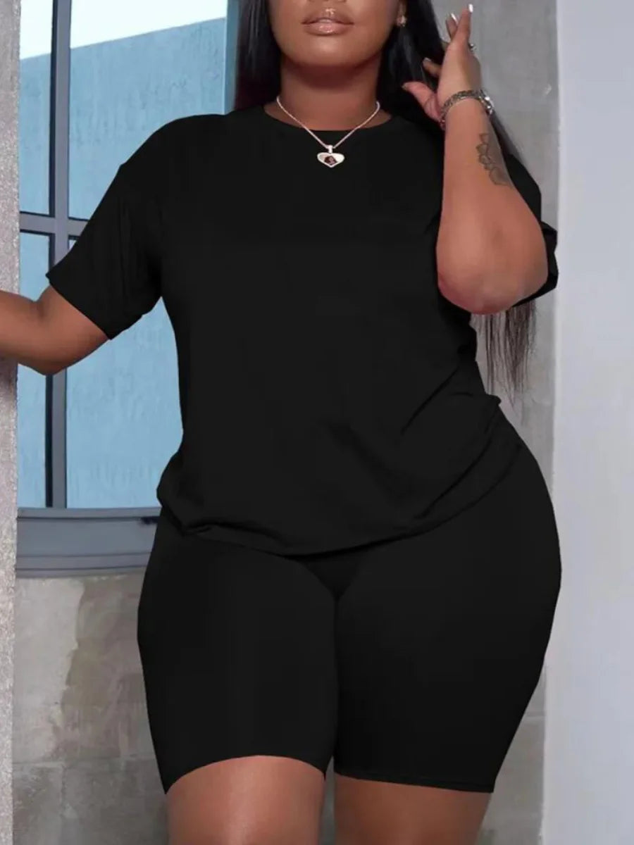 LW Basic Plus Size Summer Women's Suit Short Sleeve Top and Pants Casual Solid Color Sportswear Slim Two-piece Outfit black